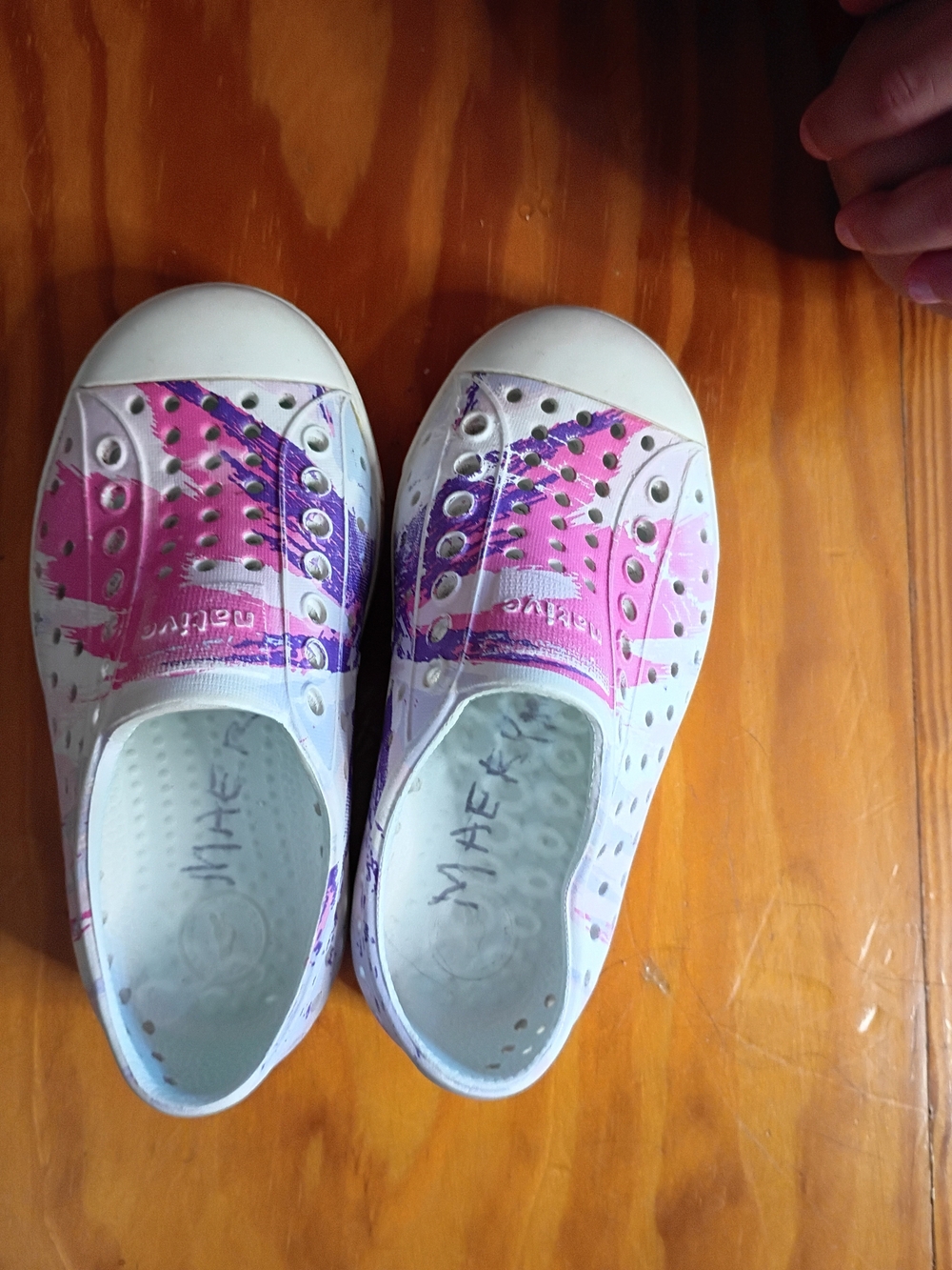 Native Kids Shoes — White with Pink & Purple Graphic Slip-On